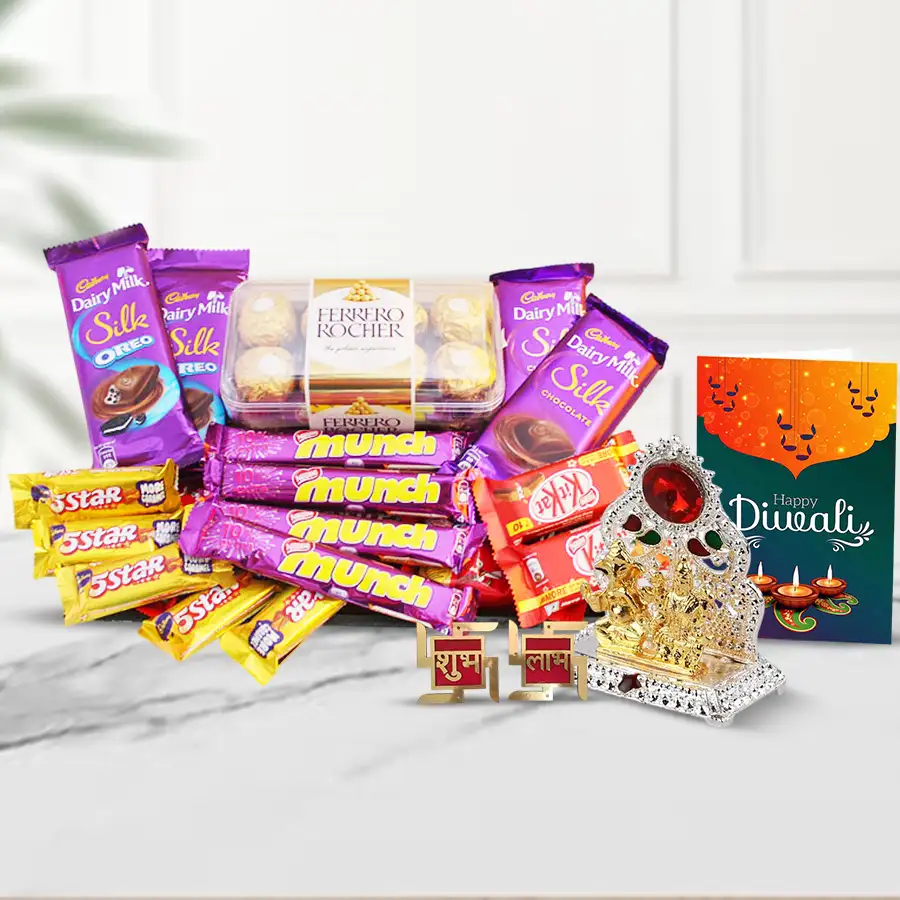 Mood Enchanting Diwali Hamper featuring Ferrero Rocher, Nestle Munch, Cadbury Silk, Shubh Labh wall sticker, Ganesh Laxmi Mandap, reusable basket, and a Diwali wishing card