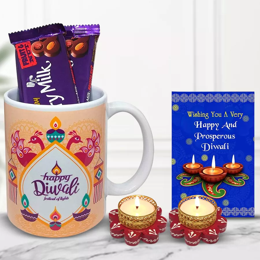 Spectacular Diwali Design Ceramic Mug and Diya Set with chocolates and candle holders
