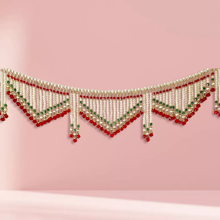 Elegant multicolored lace and pearl effect toran, handcrafted with beads and moti, perfect for Diwali decoration.