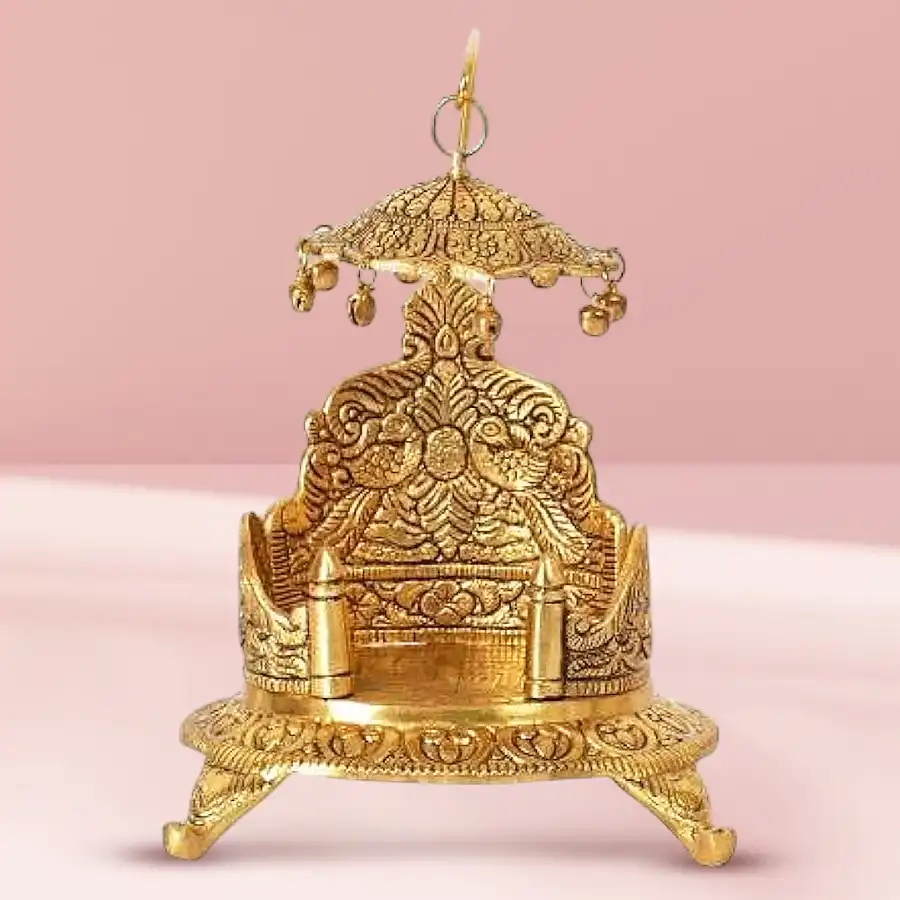 Festive Special Ladoo Gopal Pooja Chowki in gold, measuring 12.7 x 12.7 x 20.3 cm, elegantly displayed with decorative elements for pooja rituals.