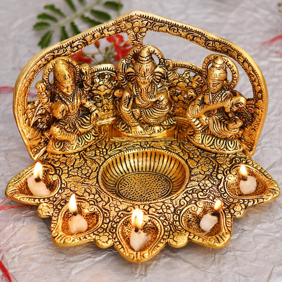 Laxmi Ganesh Saraswati Idol Diya in golden antique finish with intricate design