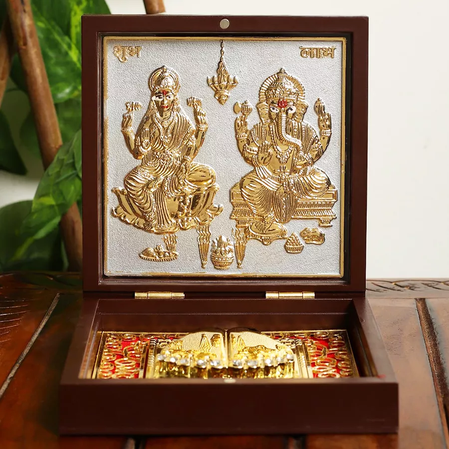 Traditional Combo of Laxmi Ganesh Photo Frame and Charan Paduka in gold-plated wood with vibrant multicolors