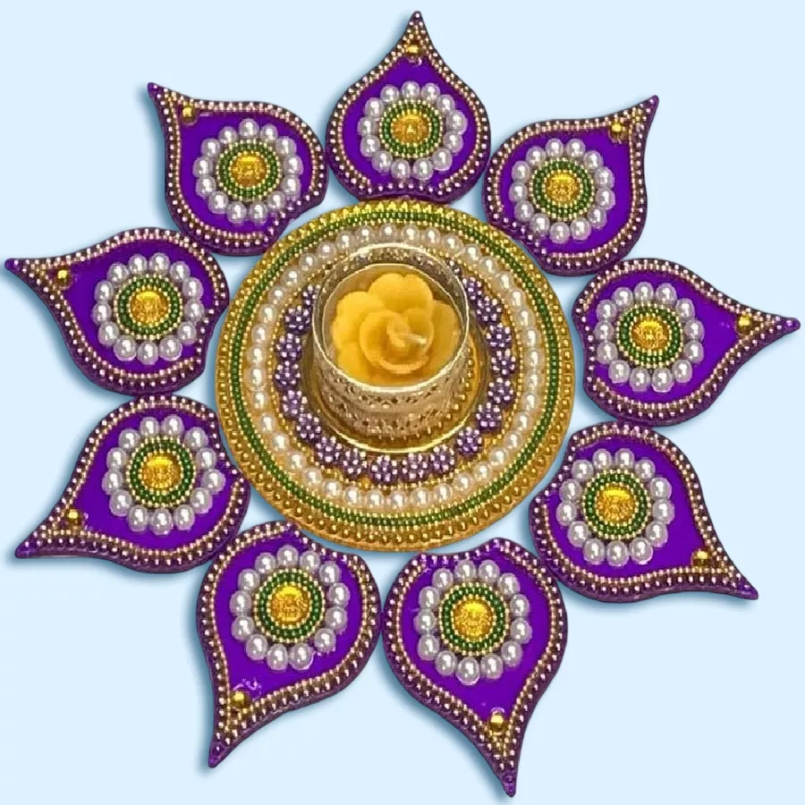 Purple acrylic Diwali rangoli with T light holder, showcasing vibrant design and festive ambiance.