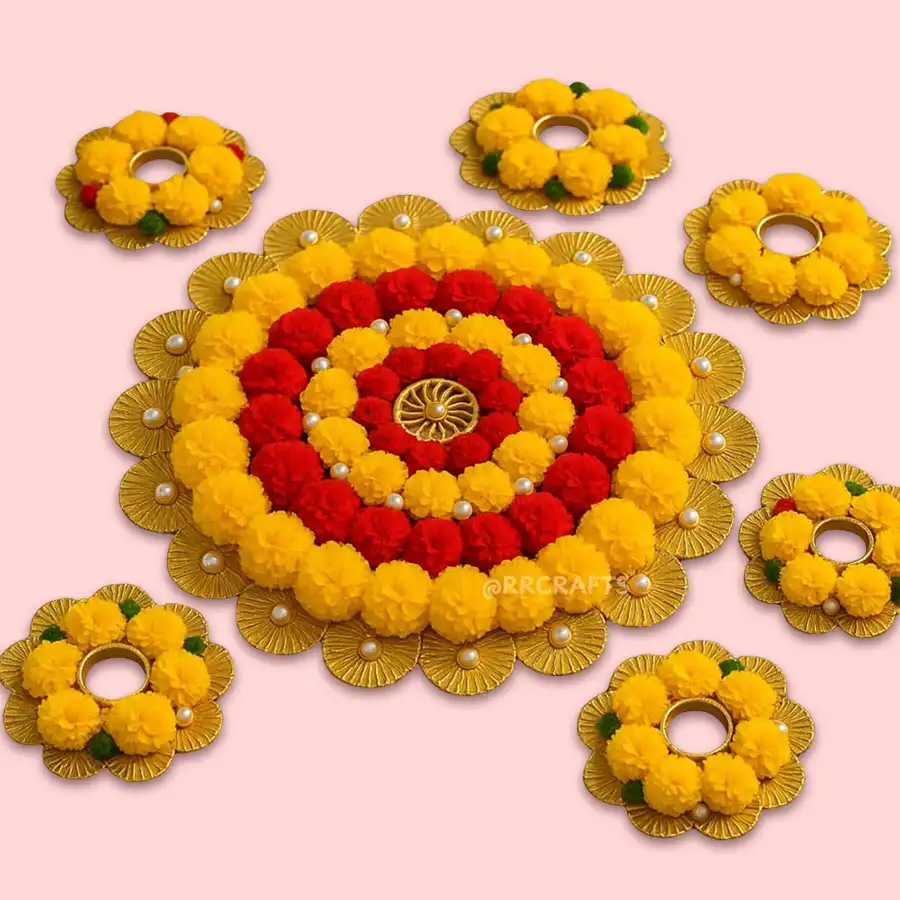 Set of 7 multicolor decorative diyas for Diwali, showcasing vibrant designs and a warm glow.