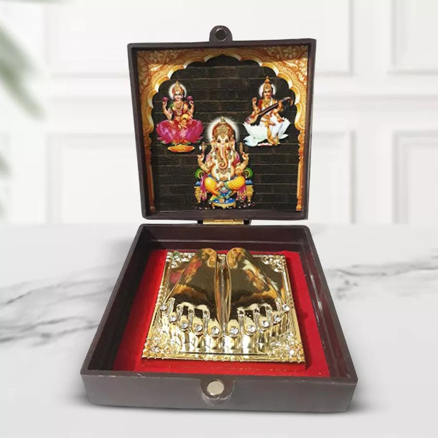 Pious Charan Paduka Box for Pooja in vibrant multi-colors, crafted from acrylic and glass, measuring 3.5 x 3.5 inches, elegantly designed for honoring loved ones.
