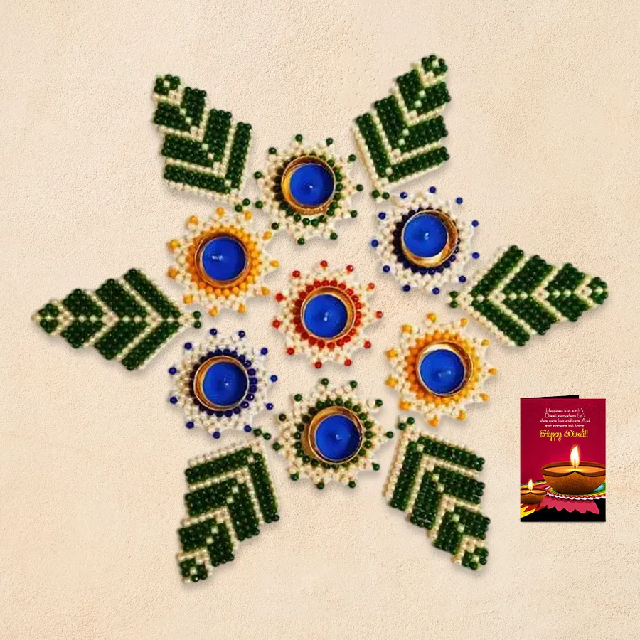 Glamorous Pearl Beaded Rangoli and Diya Set with 20 pieces including green and white pearl beads and tea light candles