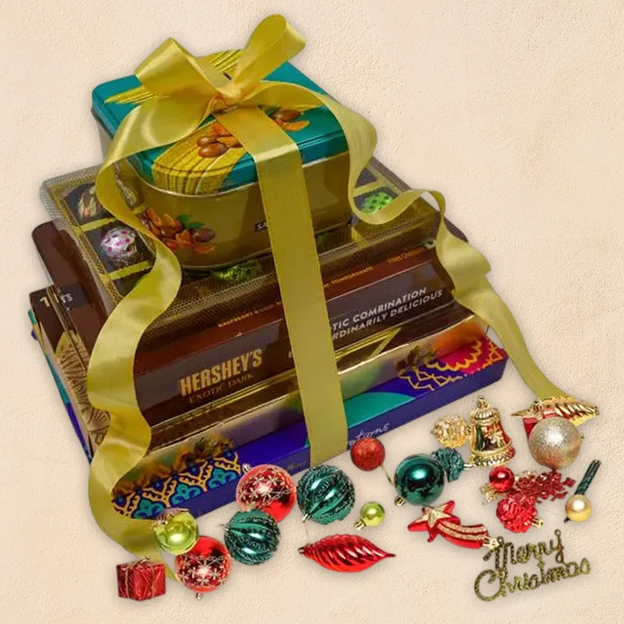 Wholesome 5-Tier Chocolate Tower with Christmas accessories and decorations