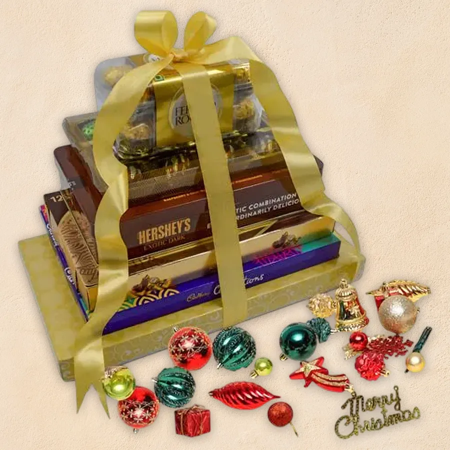 Ecstatic Chocolate Tower with assorted chocolates and festive decorations for Christmas gift-giving