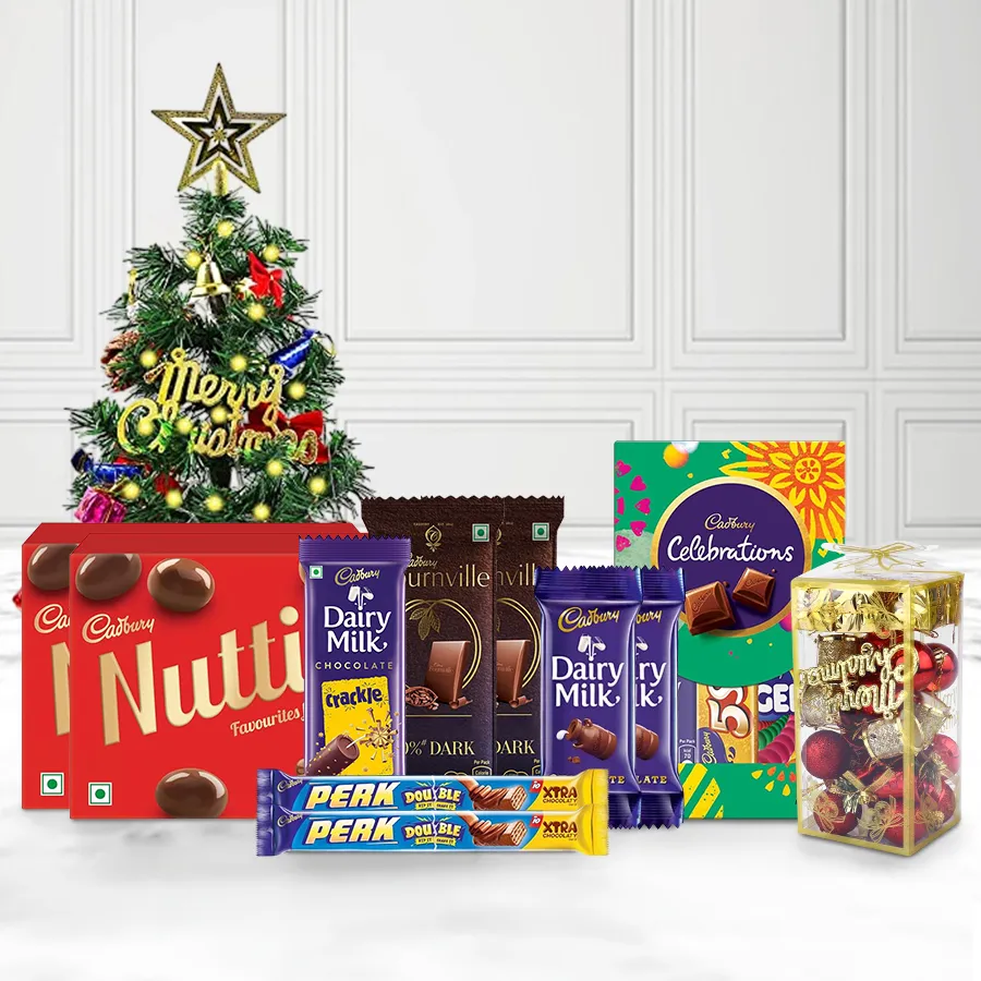 Pure Joy Christmas Holiday Chocolate Feast hamper with Cadbury chocolates, Christmas tree lights, and decorations