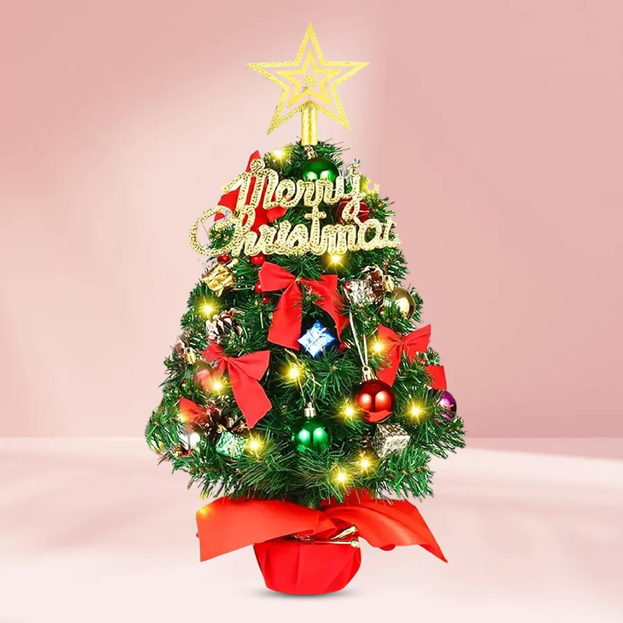 A charming display of two 2-foot Christmas trees adorned with festive decorations, creating a warm holiday atmosphere.