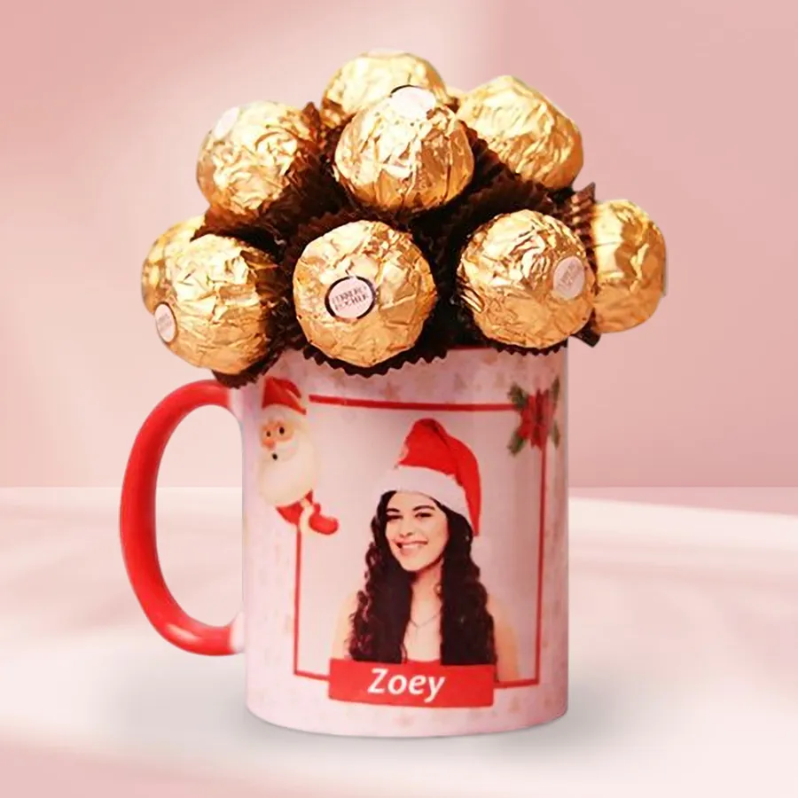 Blissful Ferrero Rocher chocolates arranged in a personalized Santa coffee mug with festive decorations