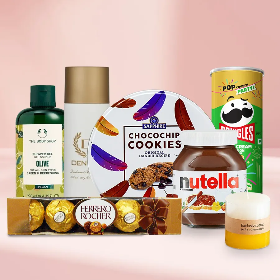 Pampering Gift Box for Men featuring shower gel, deodorant spray, scented candle, Nutella, cookies, chocolates, and Pringle chips.