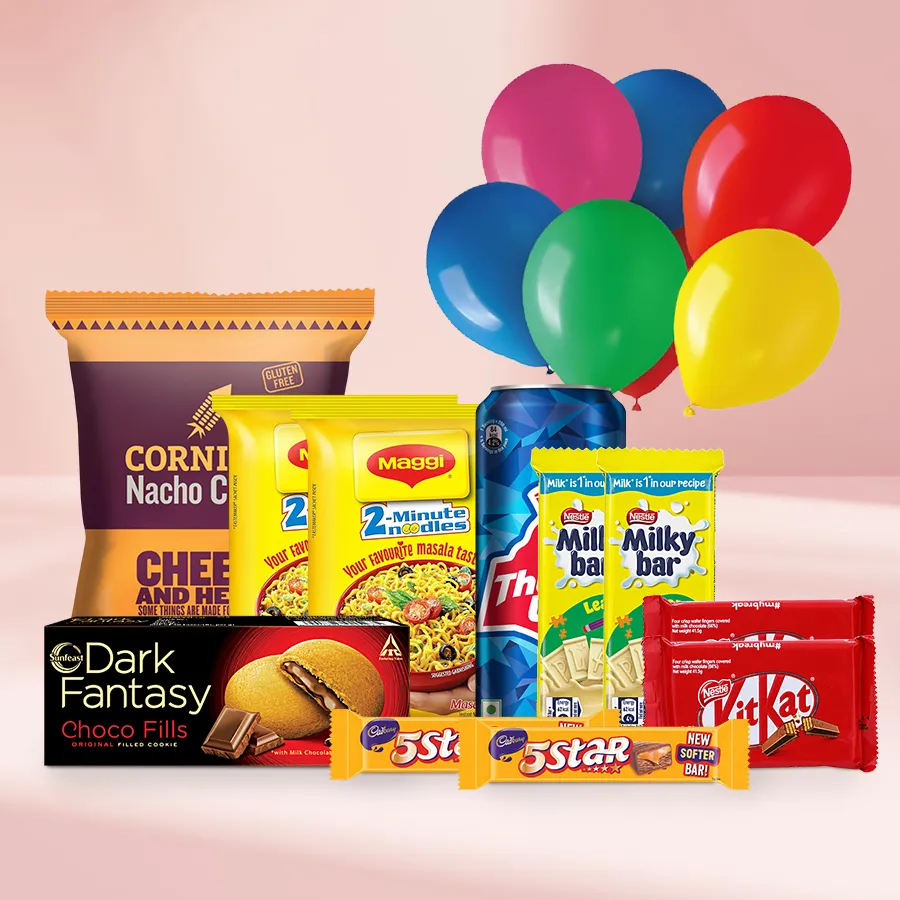 Exquisite Birthday Special Chocolate and Snacks Gift Hamper featuring assorted treats like nachos, noodles, cookies, chocolates, and a beverage, along with decorative balloons and stick-ons.
