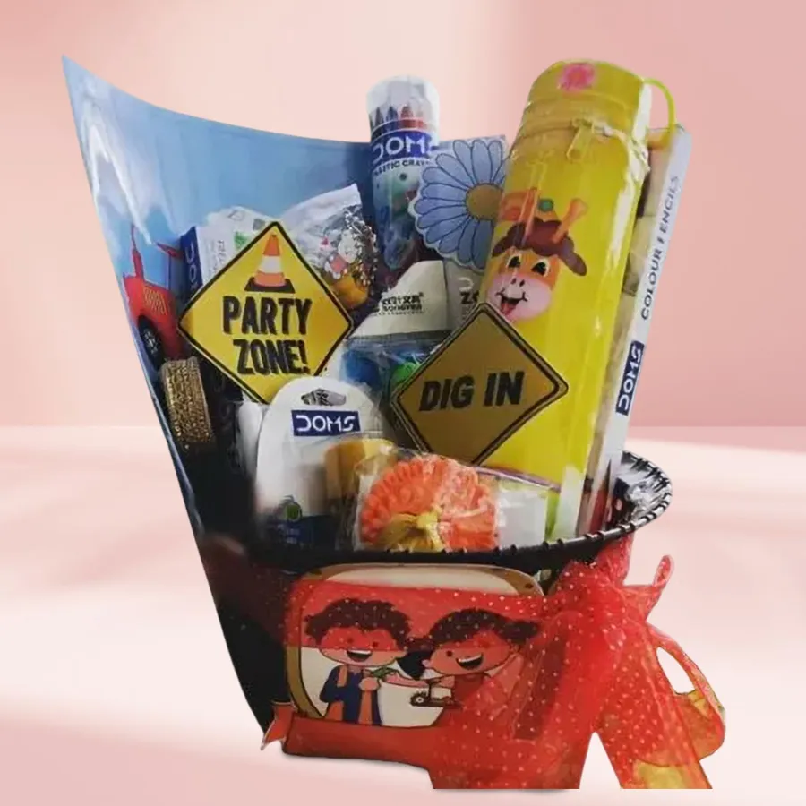 Remarkable Doms Painting Kit with assorted art supplies including crayons, color sticks, eraser-sharpener, synthetic color sets, pencil holder pouch, coloring book, popit, stickons, and a plastic basket.