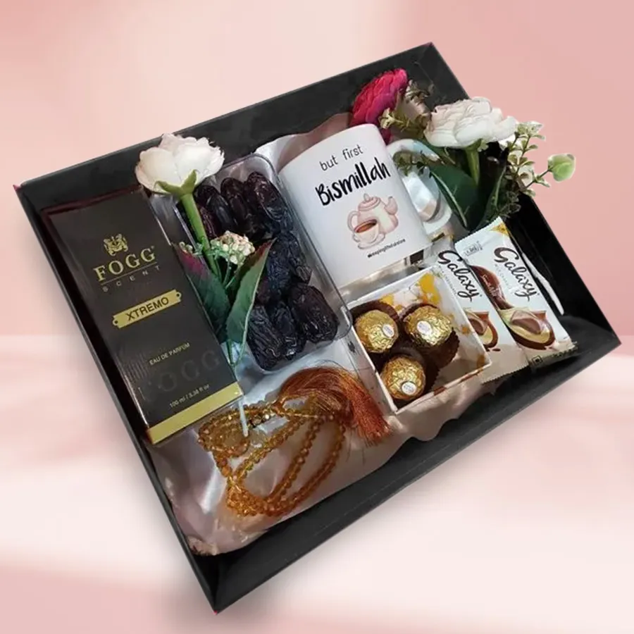 Eid Special Gift Tray featuring perfume, chocolates, dates, mug, prayer beads in a stylish gift box