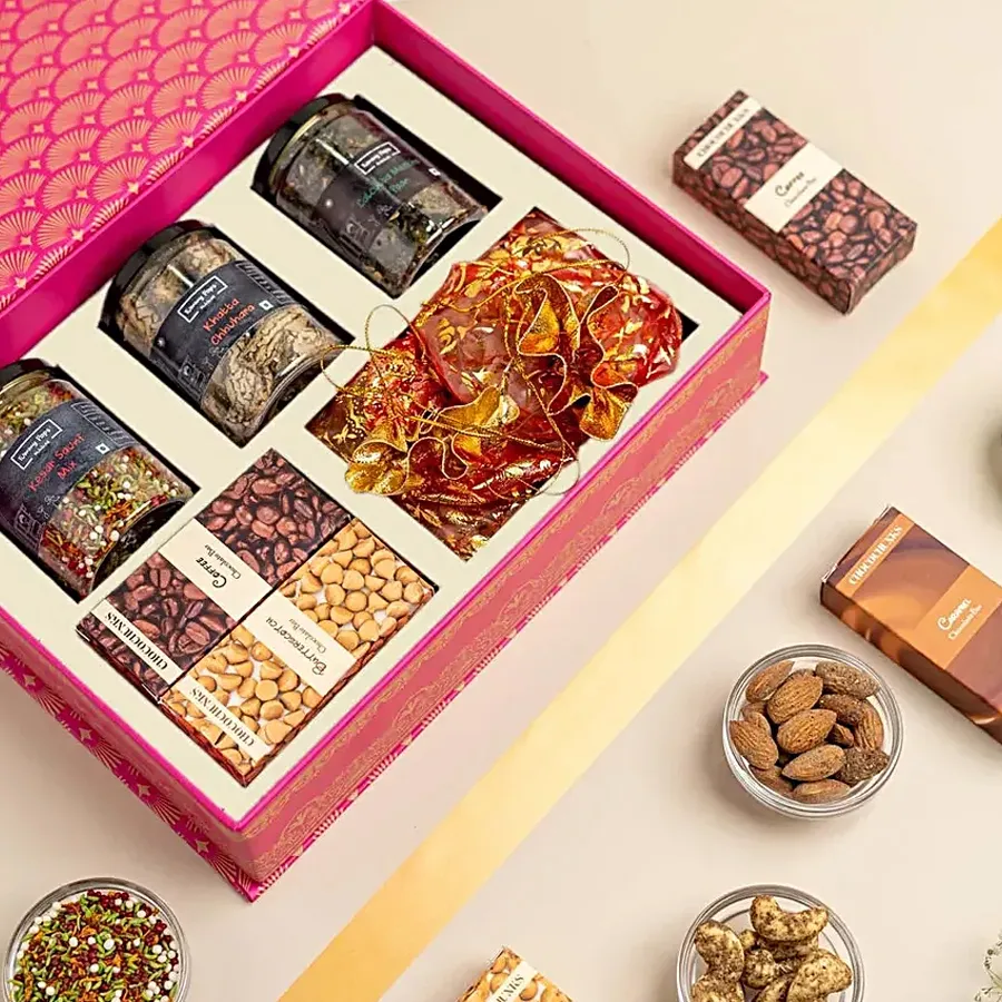 Irresistible Choco Nutty Gift Box featuring assorted mukhwas, chocolate bars, roasted almonds, and cashews