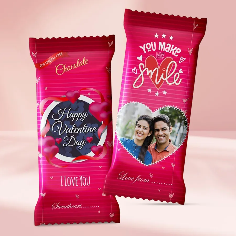 Customized chocolate wraps featuring two Cadbury Dairy Milk Fruit & Nut bars with personalized photo designs for Valentine's Day.