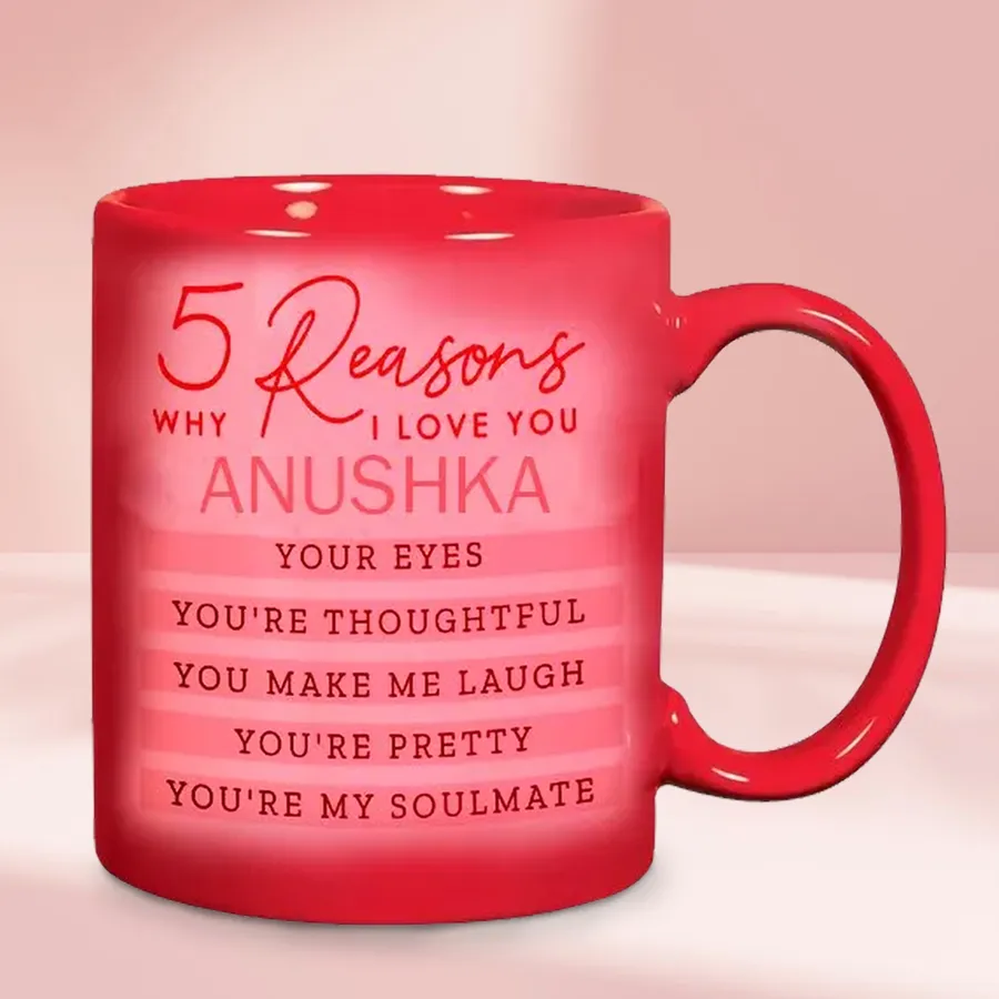 Customized coffee mug featuring the phrase "5 Reasons to Love You" with a heart design, ready for personalization.