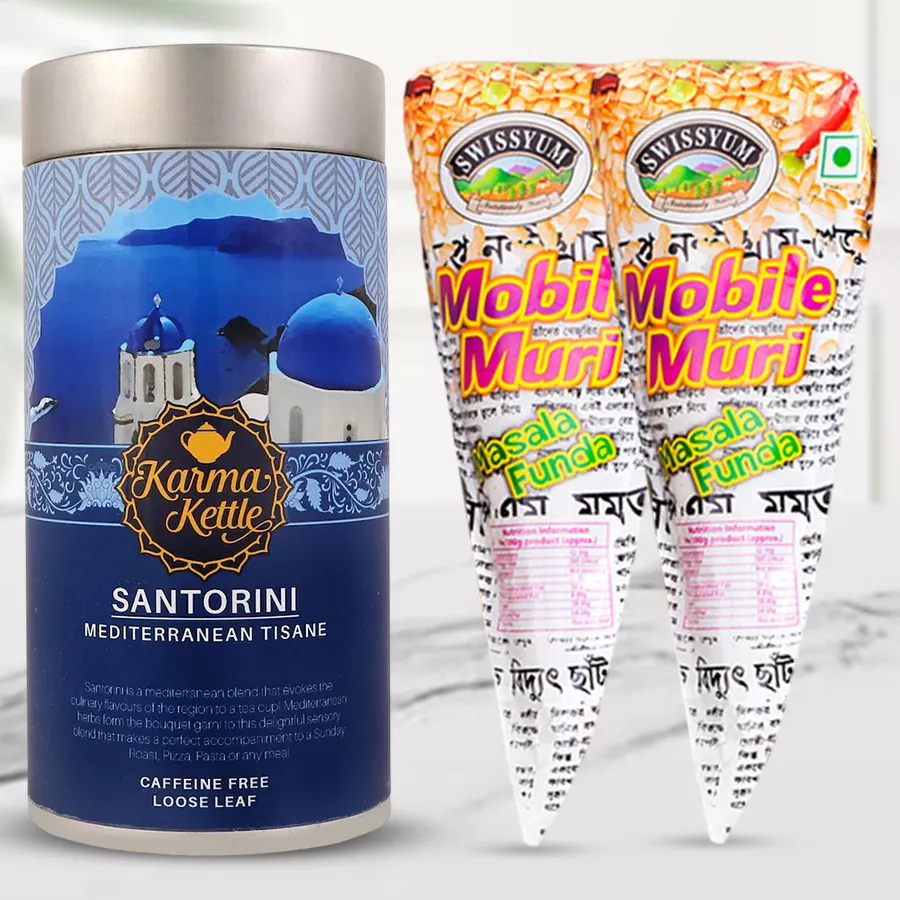 Delightful Santorini Tea and Puffed Rice Combo featuring a 75g tea package and two cones of flavored puffed rice in a charming hamper