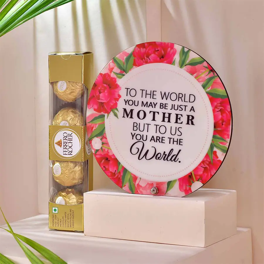 Beautiful My World Combo for Mom featuring a MOM Loving Acrylic Memento and Ferrero Rocher chocolates