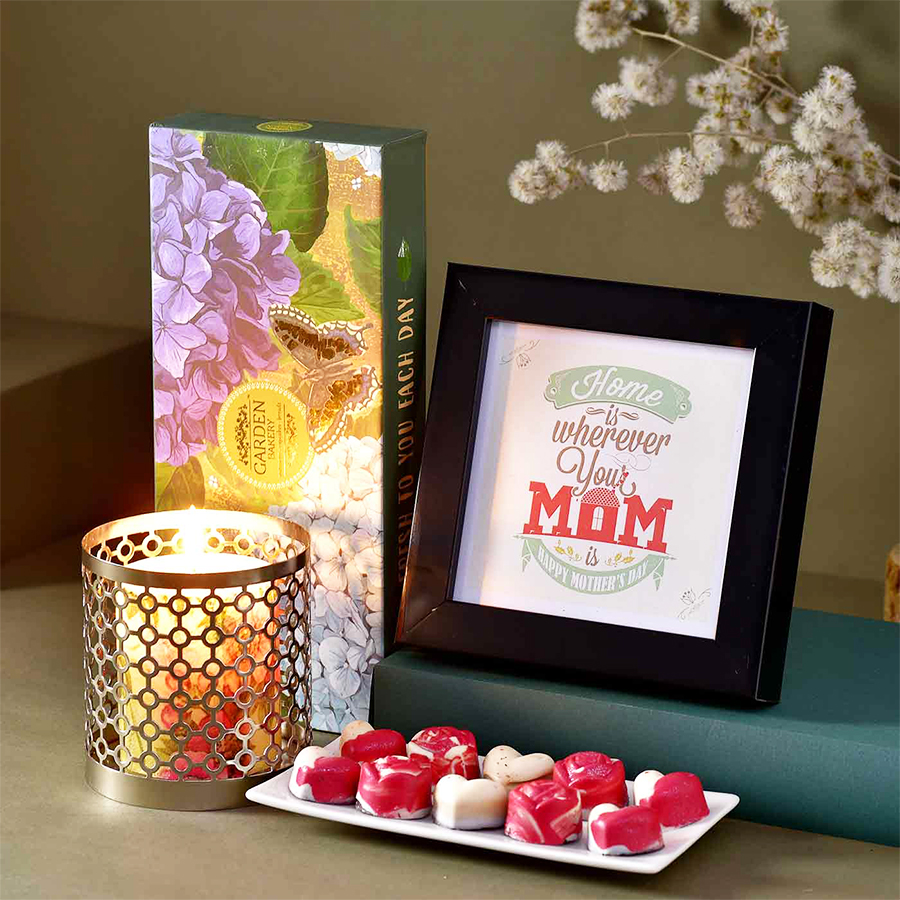 Adoring Gift Hamper for Mom with photo frame, chocolate set, scented candle, and T-light holder