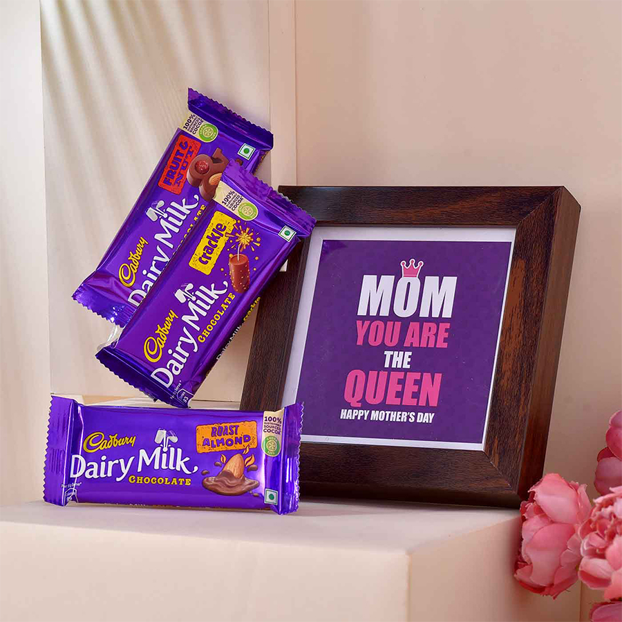 Queen Mom Frame with Chocolaty Trio gift set featuring a 6x6 photo frame and three Cadbury Dairy Milk chocolates in Fruit & Nut, Crackle, and Roast Almond flavors