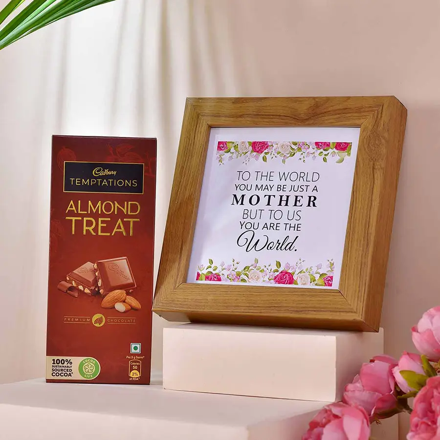 A heartfelt gift combo for Mother's Day featuring a charming 6x6 photo frame and a 72g Cadbury Temptations Almond Treat chocolate.