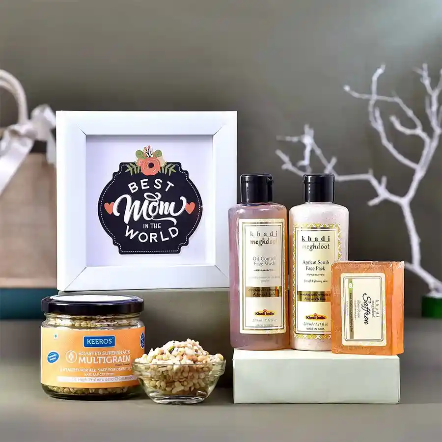 Health N Skincare Combo with photo frame, facewash, scrub, body wash, and multigrain snacks for mom