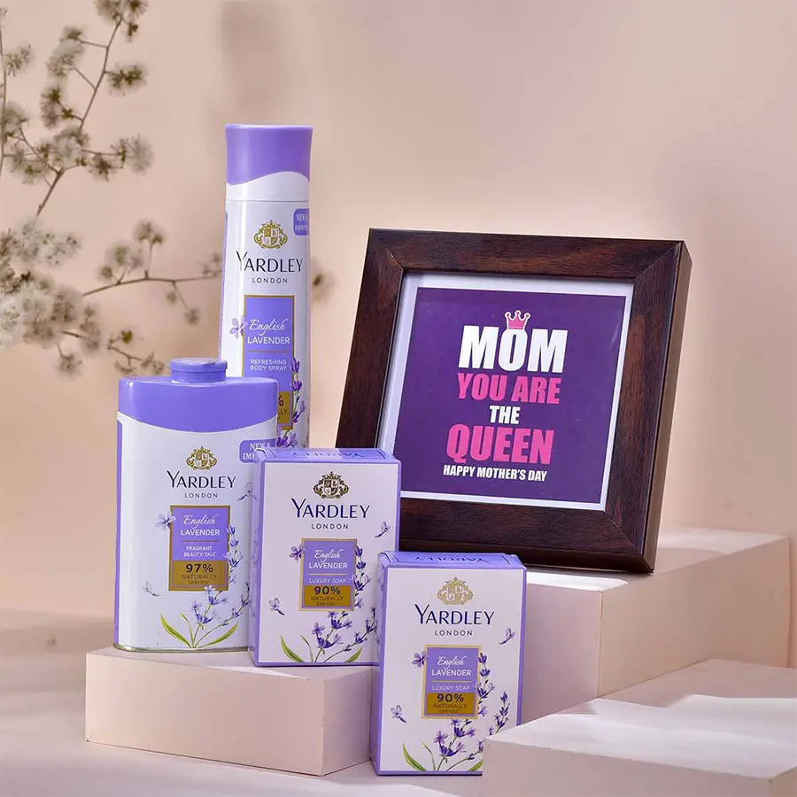 Moms Special Fragrant Gift Hamper featuring a MOM Queen Photo Frame, Yardley London Lavender Body Spray, Beauty Talc, and Lavender Luxury Soaps