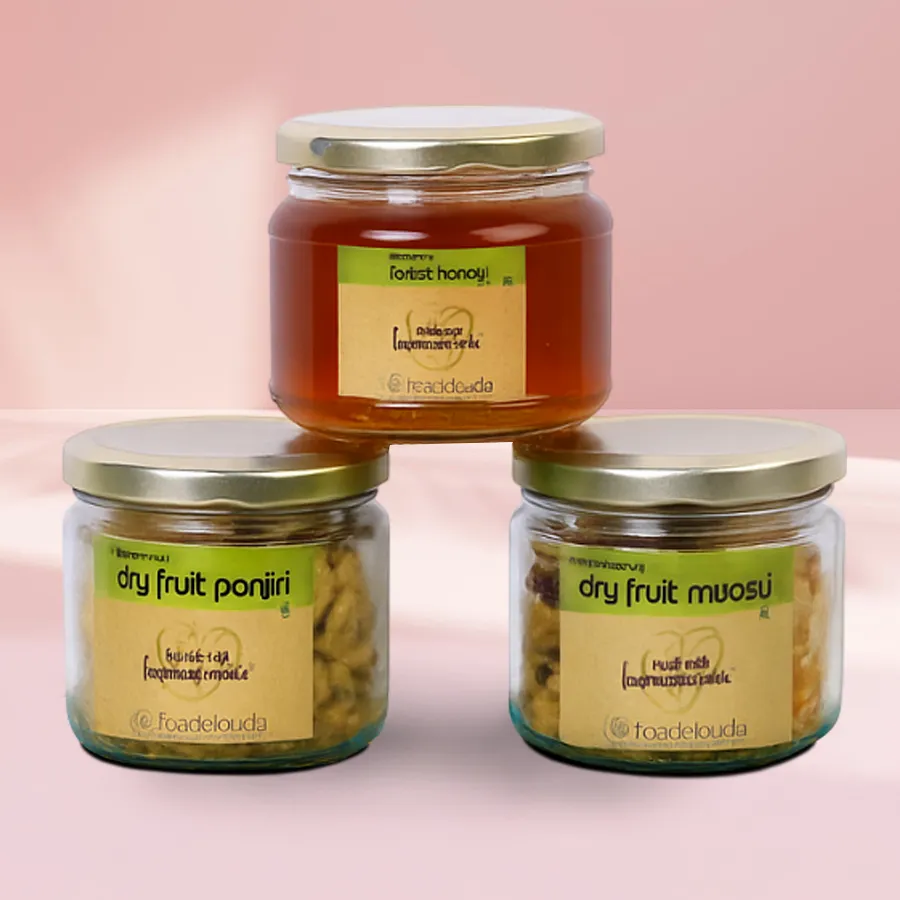 Delicious Munchies Health Hamper featuring dry fruit Panjiri, crunchy dry fruit Muesli, and natural forest honey