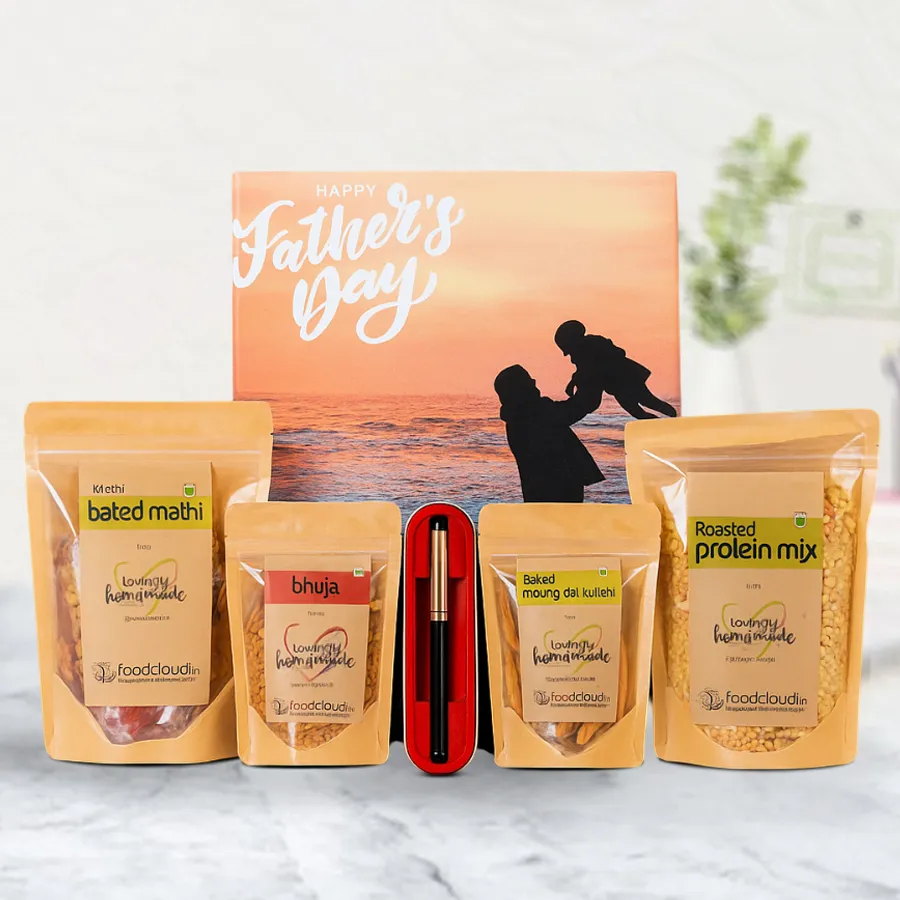 Wholesome Treats N Assortments Box for Dad featuring a Parker Pen Box, Ragi Bhujiya, Baked Moong Dal Twisties, Roasted Protein Mix, and Baked Mathi