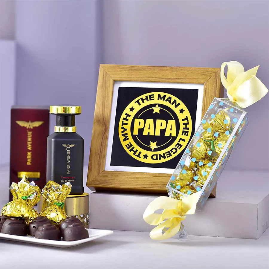 Legend Dad Special Hamper featuring a trophy frame, fragrance, and handmade chocolates