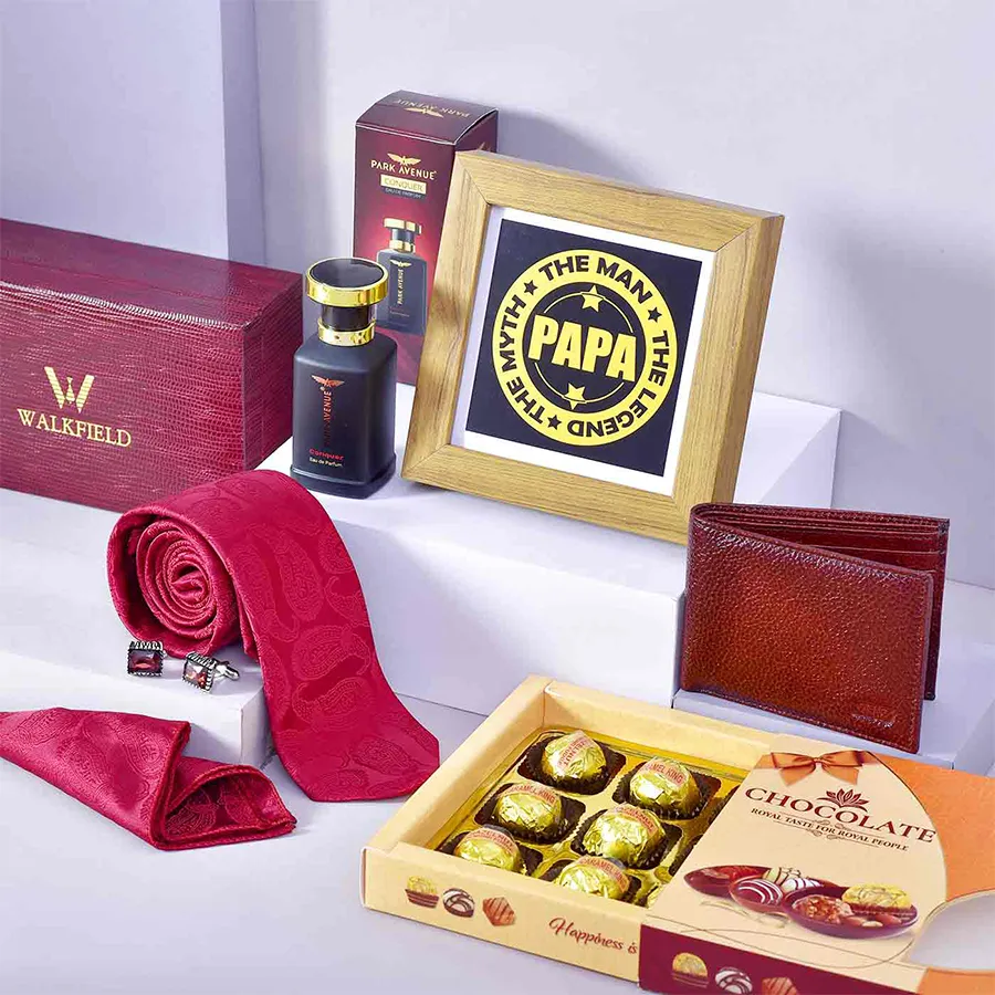 Classic Papa Hamper containing a trophy frame, Park Avenue perfume, leather wallet, tie set, and handmade chocolates