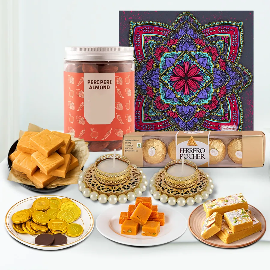 Harmony in Hampers Diwali Celebration Delights gift box featuring treats like Almond Peri Peri, Mewa, Orange and Butter Scotch Fudge Bites, Ferrero Rocher chocolates, Gold Coin Shaped Chocolates, and Designer Pearl T-Light Candles, presented in a stylish Mandala Box.