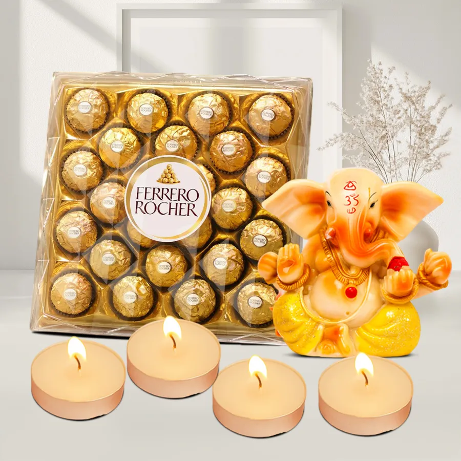 Sacred Diwali Gifts Hamper featuring Ferrero Rocher chocolates, Vignesh Ganesh idol, and T-Lights