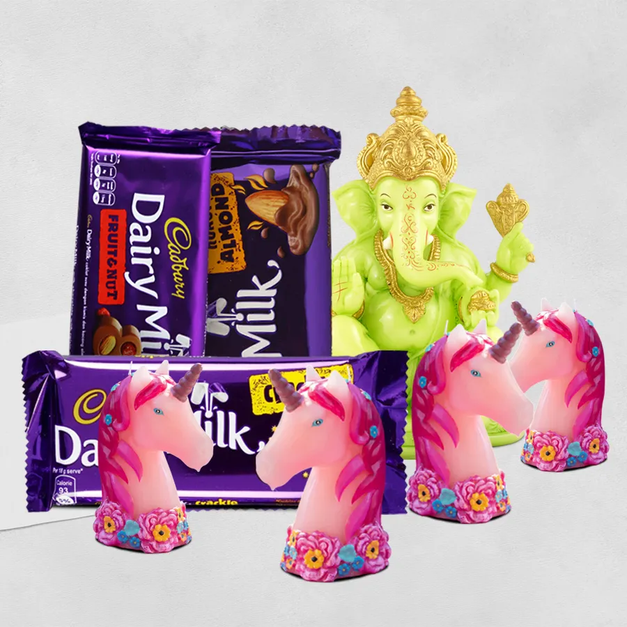 Diwali Chocolaty Delight Hamper with Ganesh idol, Cadbury Dairy Milk chocolates, and unicorn-shaped candles