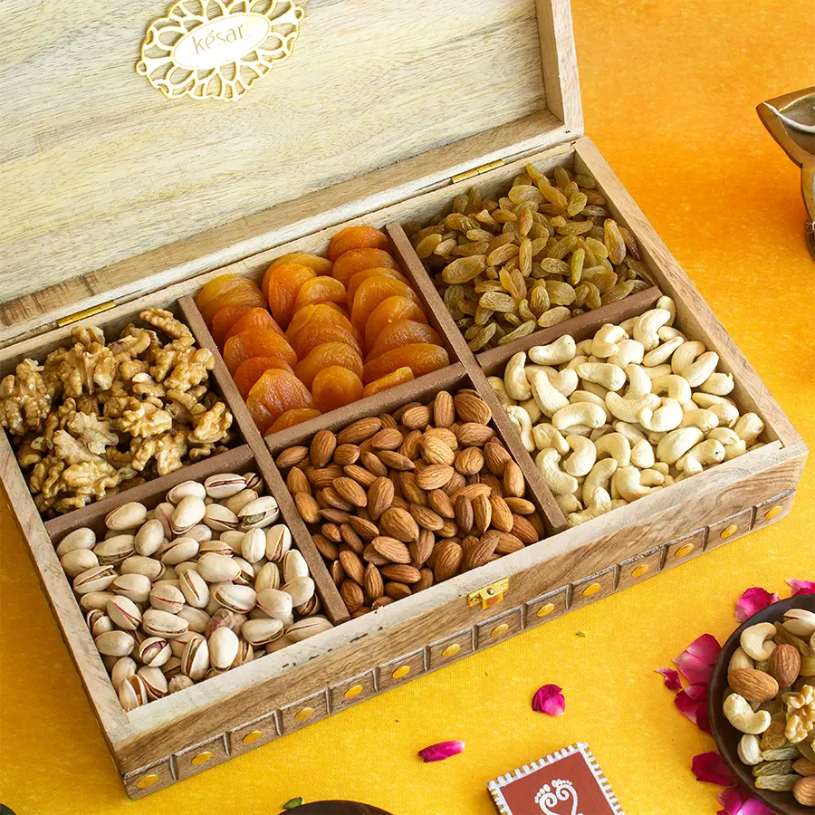 Deluxe Festive Nut Assortment Gift Box featuring a Jodhpur Royal Wooden Box filled with walnuts, plain almonds, cashews, pistachios, raisins, and apricots