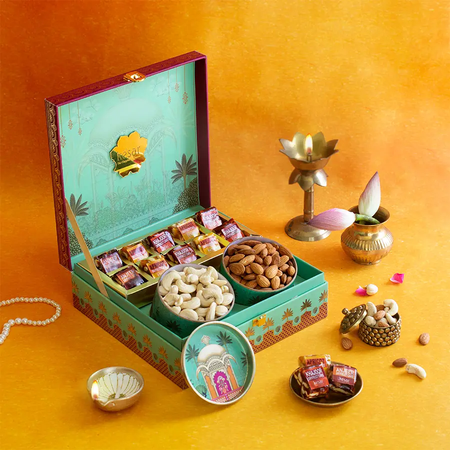 Festive Nuts N Sweets Combo with sugar-free sweets, cashews, and almonds in a decorative gift box