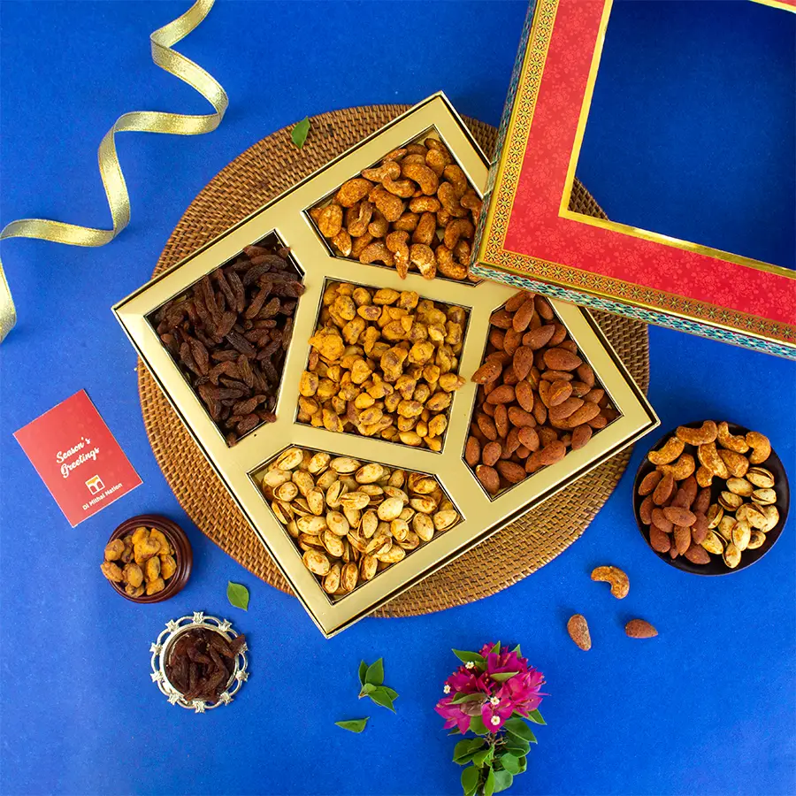 Irresistible Nut Assortment Gift Box with five varieties of nuts in a red and blue window box
