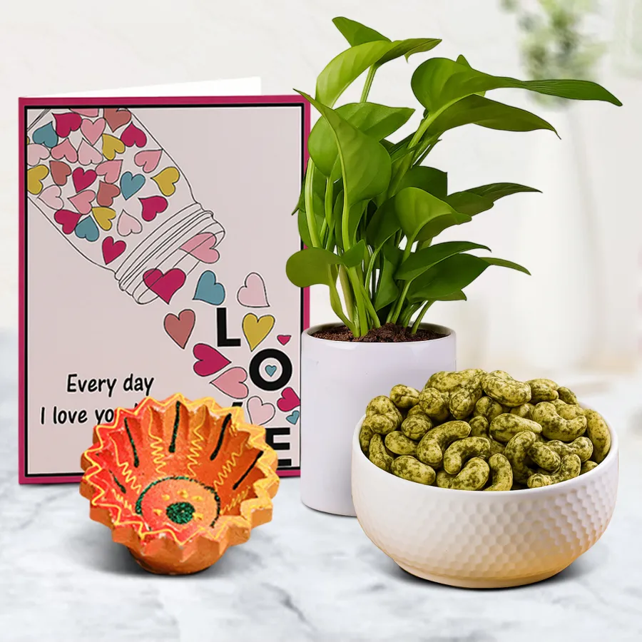 A beautifully arranged Diwali gift hamper featuring a handcrafted Diya, crunchy Pudina Cashews, and a vibrant Money Plant in a stylish pot, all accompanied by a free message card.