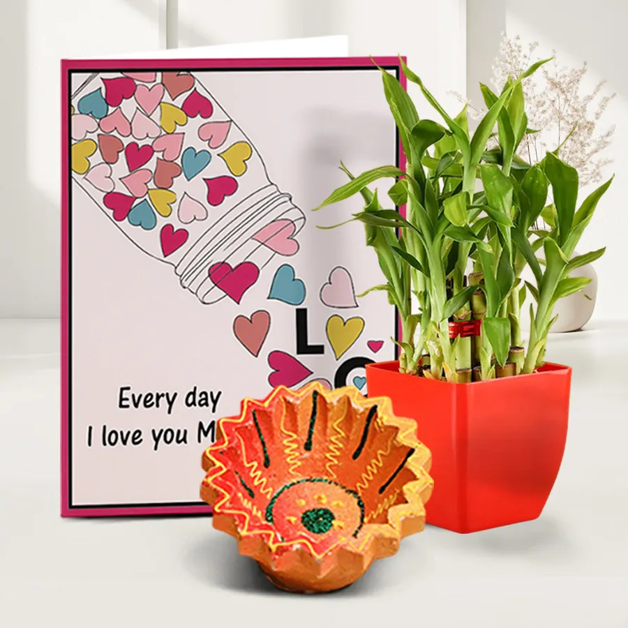 Bamboo Plant and Diya Duo gift set with a Three Tier Lucky Bamboo Plant and a beautifully crafted Diya, symbolizing light and prosperity for Diwali celebrations.
