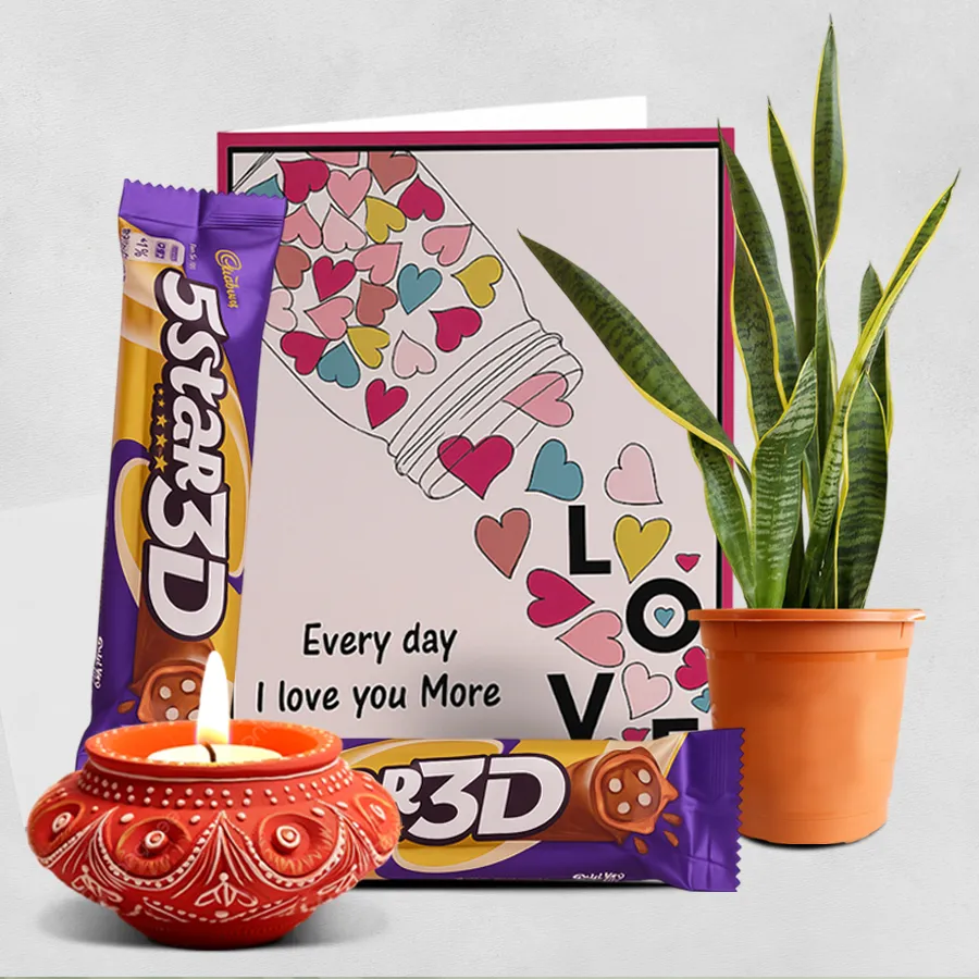 Green and Chocolate Delights Hamper with Diya, Snake Plants in pots, 5 Star 3D Chocolate Bars, and a message card