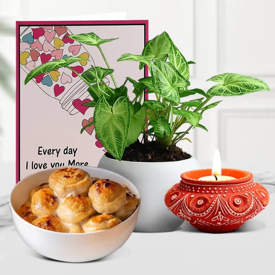 Diwali Glow And Greenery hamper featuring a Diya, Syngonium Plant in a pot, and Baked Rasogollas from Balarams with a message card