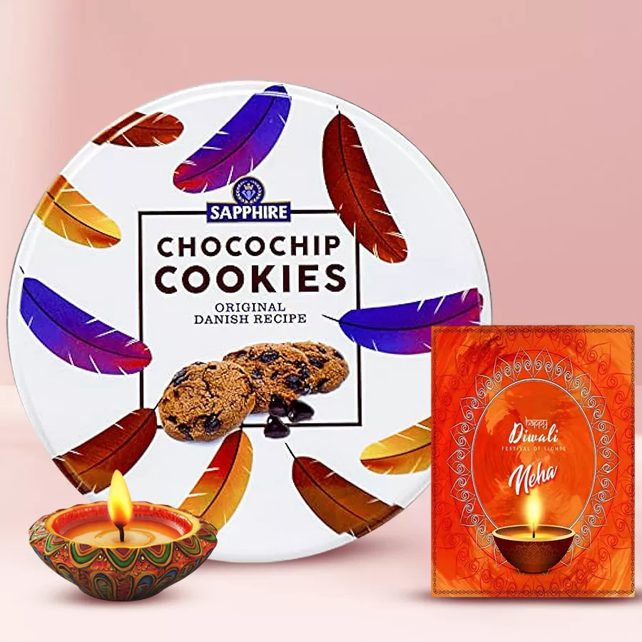 Chocochip Delights Diwali Hamper featuring a decorative Diya and Sapphire Chocochip Cookies with a personalized message card