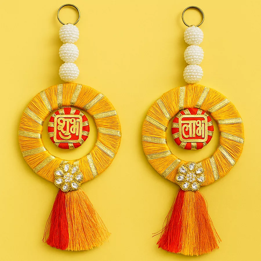Artisanal Shubh Laabh Hanging Pair featuring intricate designs and vibrant colors, ideal for home or office decor.
