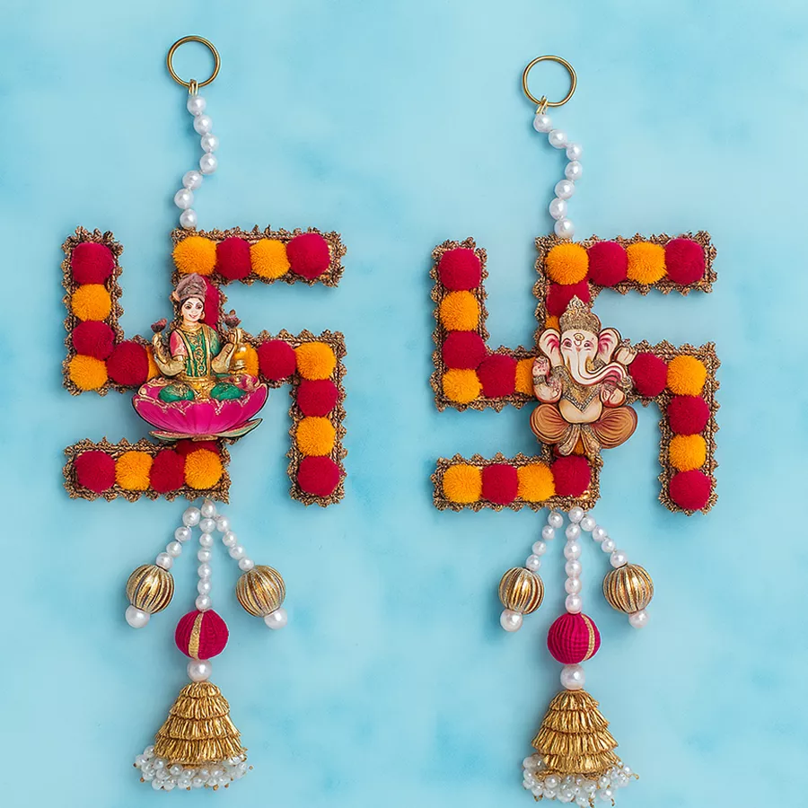 Whimsical duo of Shubh Laabh wall hangings featuring vibrant colors and intricate designs, ideal for home decor.