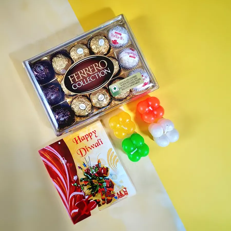 Joyful Diwali Hamper containing Ferrero treats, designer wax candles, and a Happy Diwali Card.