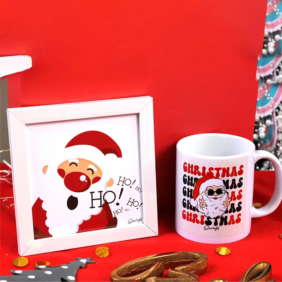 Jingle All the Way Gift Set featuring a cozy Christmas-themed mug and a charming 5x5 inch wall frame, both decorated for the holiday season.