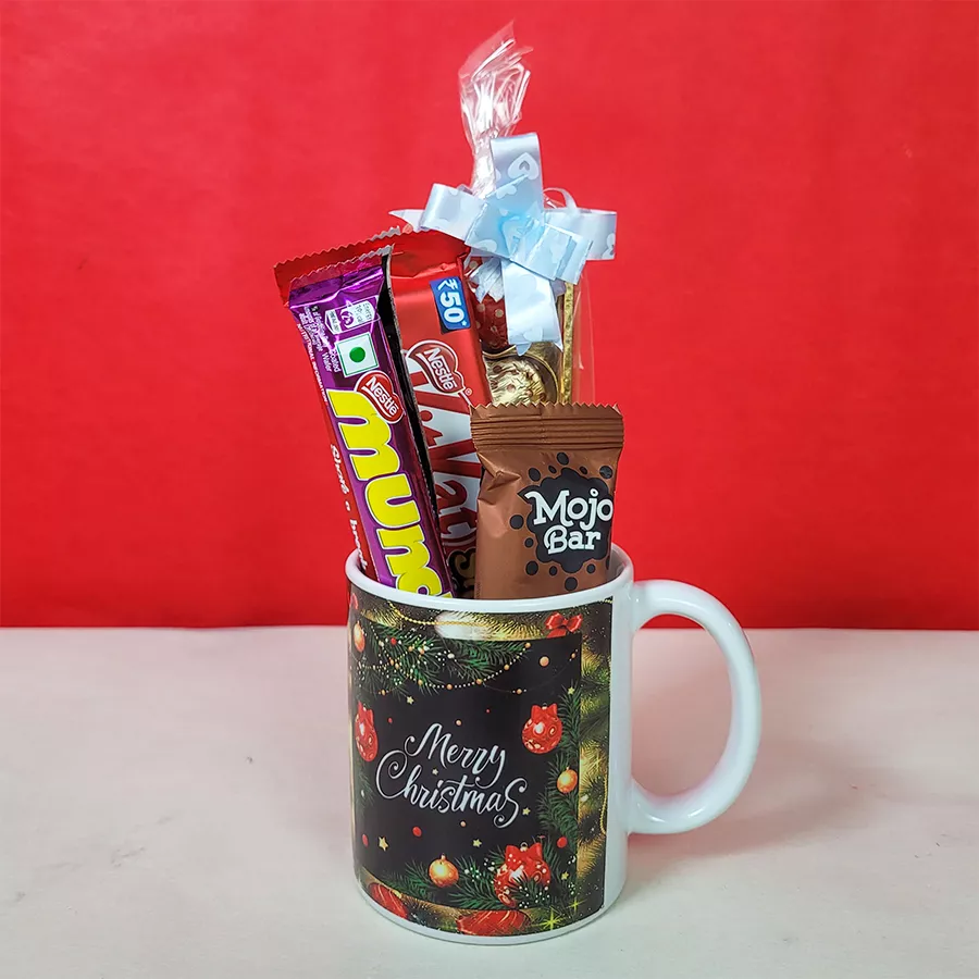 Christmas Warm Wishes Gift Basket featuring a festive mug, chocolates, and handmade treats