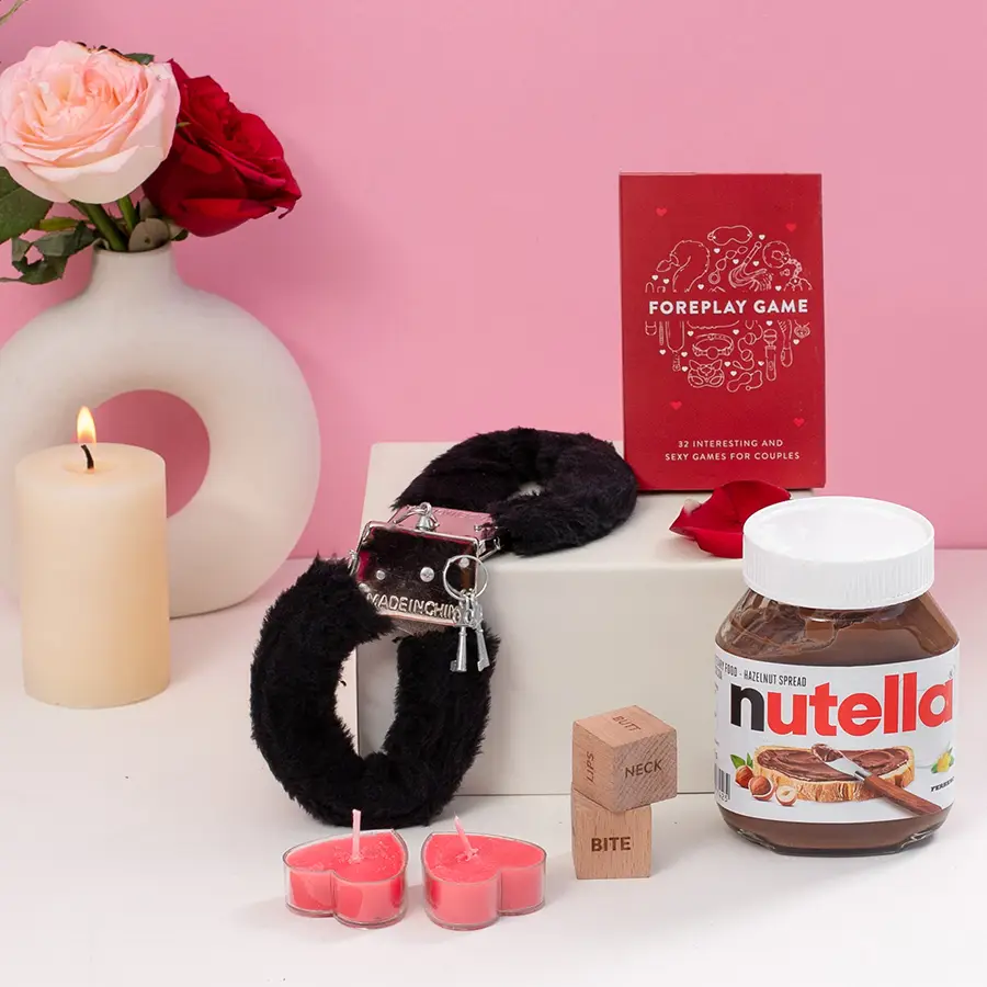 Seductive Gift Box for Couples featuring Foreplay Game Cards, Couple Dice, Heart Candle, Hand Cuffs, Nutella, and Love Wrapping Paper Box